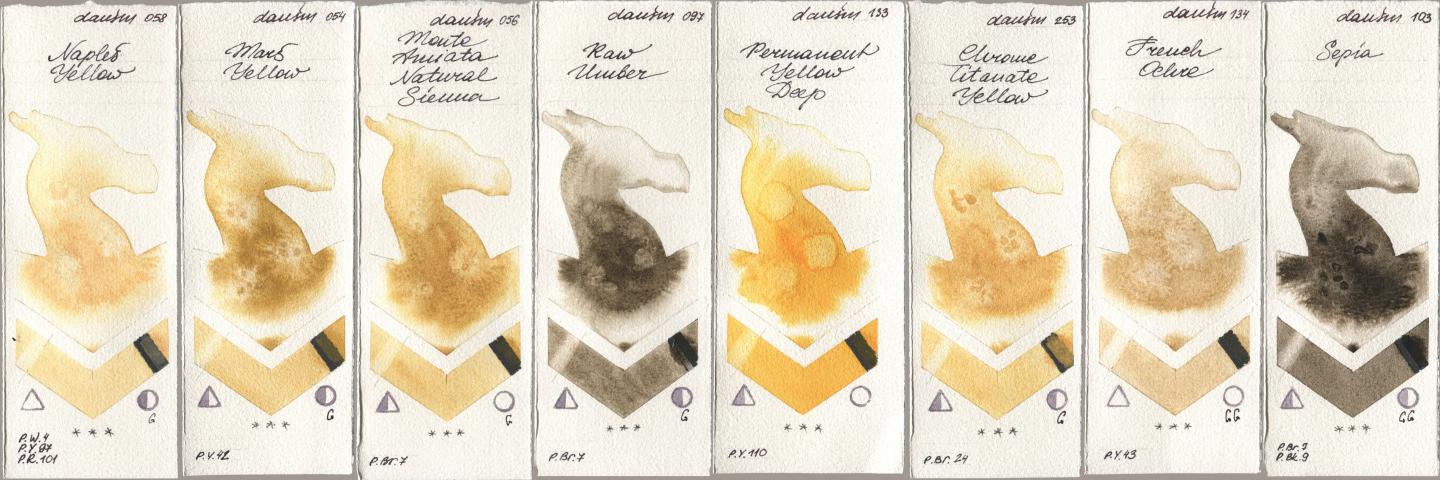 Daniel Smith 058 Naples Yellow, 054 Mars Yellow, 056 Monte Amiata Natural Sienna, 097 Raw Umber, 133 Permanent Yellow Deep, 253 Chrome Titanate Yellow, 134 French Ochre, 103 Sep watercolor swatch