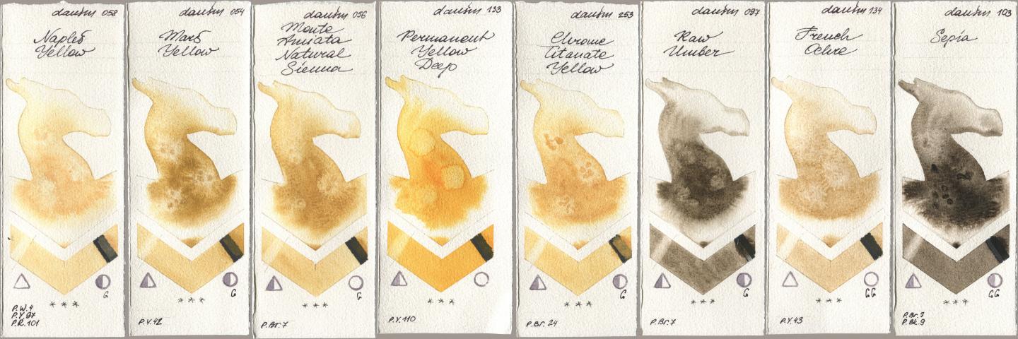 Daniel Smith 058 Naples Yellow, 054 Mars Yellow, 056 Monte Amiata Natural Sienna, 133 Permanent Yellow Deep, 253 Chrome Titanate Yellow, 097 Raw Umber, 134 French Ochre, 103 Sep watercolor swatch
