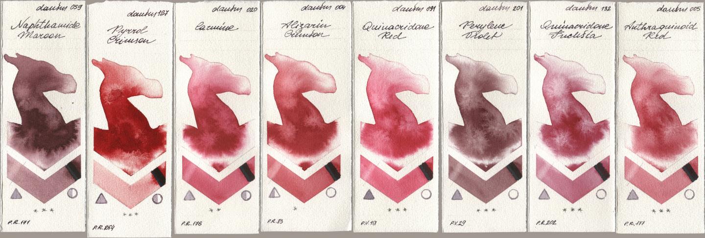 Daniel Smith 059 Naphthamide Maroon, 127 Pyrrol Crimson, 020 Carmine, 004 Alizarin Crimson, 091 Quinacridone Red, 201 Perylene Violet, 132 Quinacridone Fuchsia, 005 Anthraquinoid R watercolor swatch