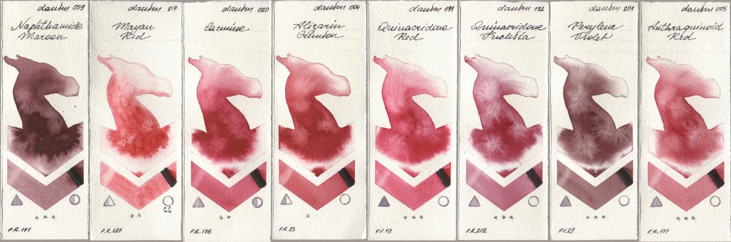 Daniel Smith 059 Naphthamide Maroon, 217 Mayan Red, 020 Carmine, 004 Alizarin Crimson, 091 Quinacridone Red, 132 Quinacridone Fuchsia, 201 Perylene Violet, 005 Anthraquinoid R watercolor swatch