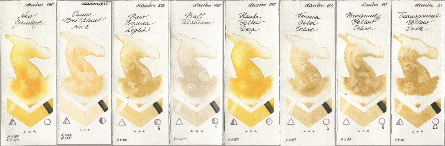 Daniel Smith 060 New Gamboge, 257 Jaune Brilliant No 2, 233 Raw Sienna Light, 009 Buff Titanium, 040 Hansa Yellow Deep, 123 Verona Gold Ochre, 147 Burgundy Yellow Ochre, 131 Transparent Yellow Oxi watercolor swatch