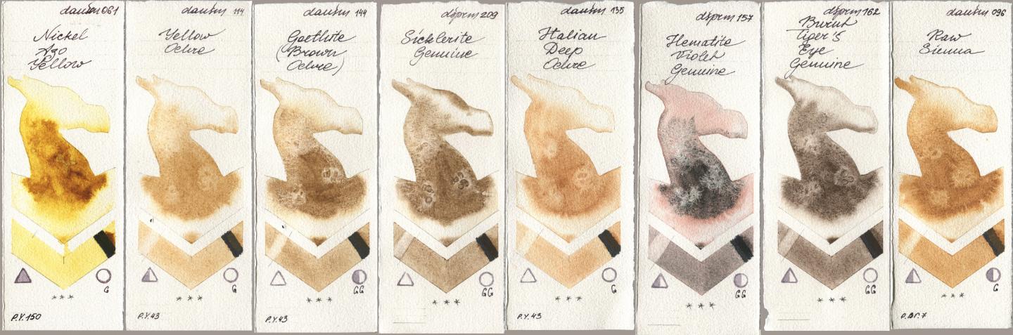 Daniel Smith 061 Nickel Azo Yellow, 114 Yellow Ochre, 144 Goethite (Brown Ochre), 209 Sicklerite Genuine, 135 Italian Deep Ochre, 157 Hematite Violet Genuine, 162 Burnt Tigers Eye Genuine, 096 Raw Sien watercolor swatch