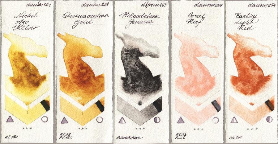 Daniel Smith 061 Nickel Azo Yellow vs 238 Quinacridone Gold vs 193 Bloodstone Genuine vs 255 Coral Reef vs 254 Earthy Light Red watercolor swatch