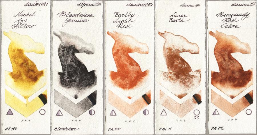Daniel Smith 061 Nickel Azo Yellow vs 193 Bloodstone Genuine vs 254 Earthy Light Red vs 050 Lunar Earth vs 151 Burgundy Red Ochre watercolor swatch