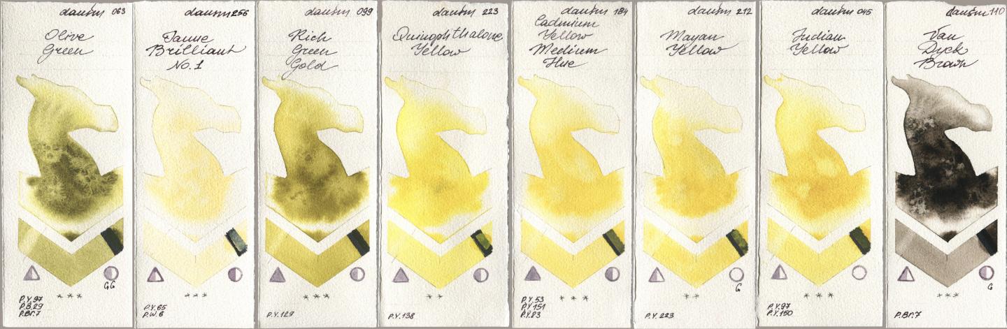 Daniel Smith 063 Olive Green, 256 Jaune Brilliant No 1, 099 Rich Green Gold, 223 Quinophthalone Yellow, 184 Cadmium Yellow Medium Hue, 212 Mayan Yellow, 045 Indian Yellow, 110 Van Dyck Bro watercolor swatch