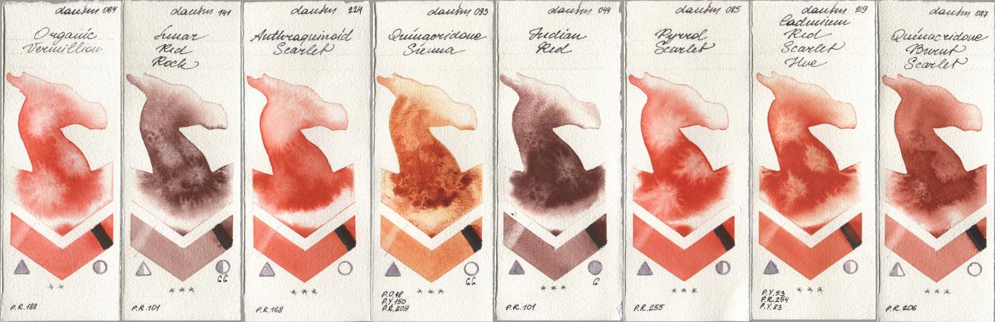 Daniel Smith 064 Organic Vermilion, 141 Lunar Red Rock, 224 Anthraquinoid Scarlet, 093 Quinacridone Sienna, 044 Indian Red, 085 Pyrrol Scarlet, 219 Cadmium Red Scarlet Hue, 087 Quinacridone Burnt Scarl watercolor swatch