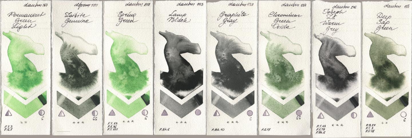 Daniel Smith 067 Permanent Green Light, 180 Zoisite Genuine, 208 Spring Green, 003 Lamp Black, 038 Graphite Gray, 024 Chromium Green Oxide, 246 Joseph Zs Warm Grey, 175 Deep Sap Gre watercolor swatch