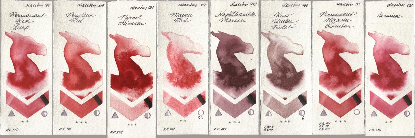 Daniel Smith 069 Permanent Red Deep, 075 Perylene Red, 127 Pyrrol Crimson, 217 Mayan Red, 059 Naphthamide Maroon, 098 Raw Umber Violet, 185 Permanent Alizarin Crimson, 020 Carmi watercolor swatch