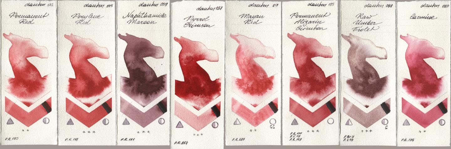 Daniel Smith 072 Permanent Red, 075 Perylene Red, 059 Naphthamide Maroon, 127 Pyrrol Crimson, 217 Mayan Red, 185 Permanent Alizarin Crimson, 098 Raw Umber Violet, 020 Carmi watercolor swatch