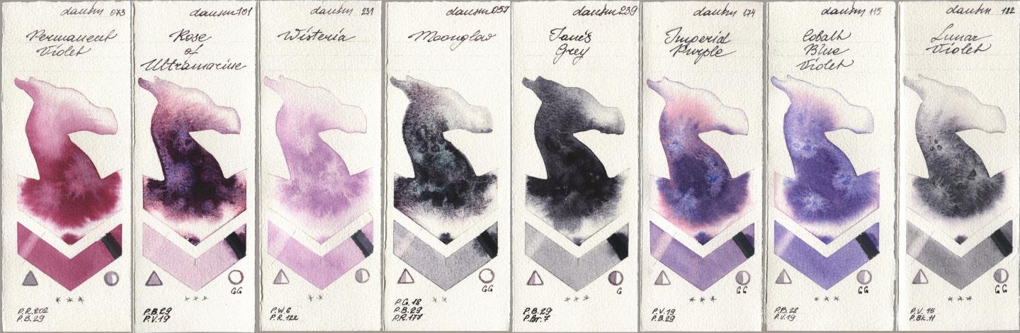 Daniel Smith 073 Permanent Violet, 101 Rose of Ultramarine, 231 Wisteria, 057 Moonglow, 239 Janes Grey, 174 Imperial Purple, 115 Cobalt Blue Violet, 182 Lunar Viol watercolor swatch