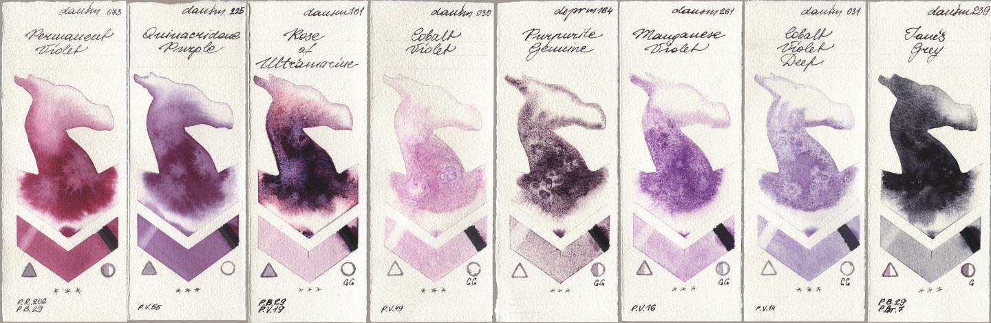Daniel Smith 073 Permanent Violet, 225 Quinacridone Purple, 101 Rose of Ultramarine, 030 Cobalt Violet, 164 Purpurite Genuine, 261 Manganese Violet, 031 Cobalt Violet Deep, 239 Janes Gr watercolor swatch