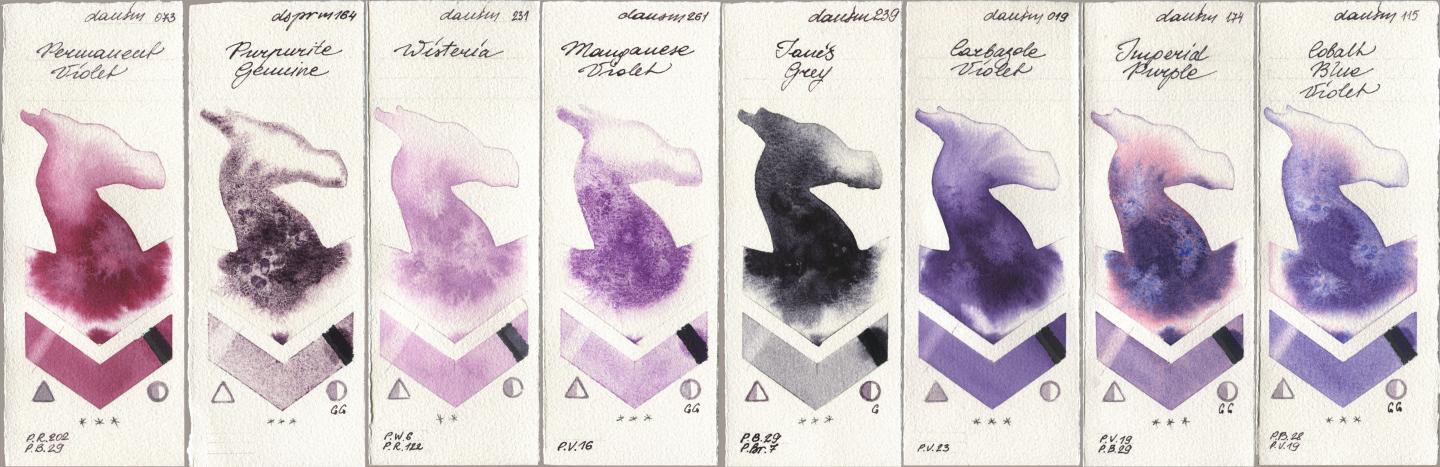 Daniel Smith 073 Permanent Violet, 164 Purpurite Genuine, 231 Wisteria, 261 Manganese Violet, 239 Janes Grey, 019 Carbazole Violet, 174 Imperial Purple, 115 Cobalt Blue Viol watercolor swatch