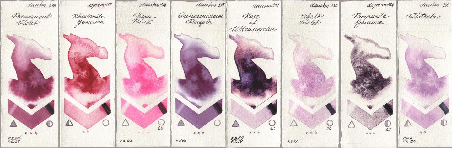 Daniel Smith 073 Permanent Violet, 167 Rhodonite Genuine, 198 Opera Pink, 225 Quinacridone Purple, 101 Rose of Ultramarine, 030 Cobalt Violet, 164 Purpurite Genuine, 231 Wister watercolor swatch