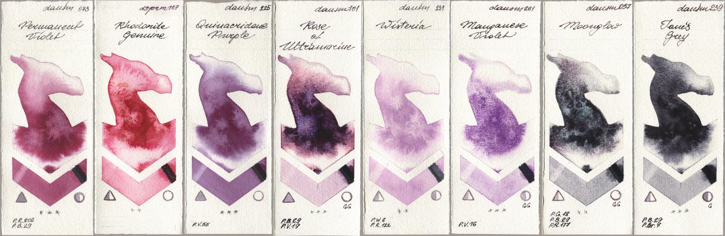 Daniel Smith 073 Permanent Violet, 167 Rhodonite Genuine, 225 Quinacridone Purple, 101 Rose of Ultramarine, 231 Wisteria, 261 Manganese Violet, 057 Moonglow, 239 Janes Gr watercolor swatch