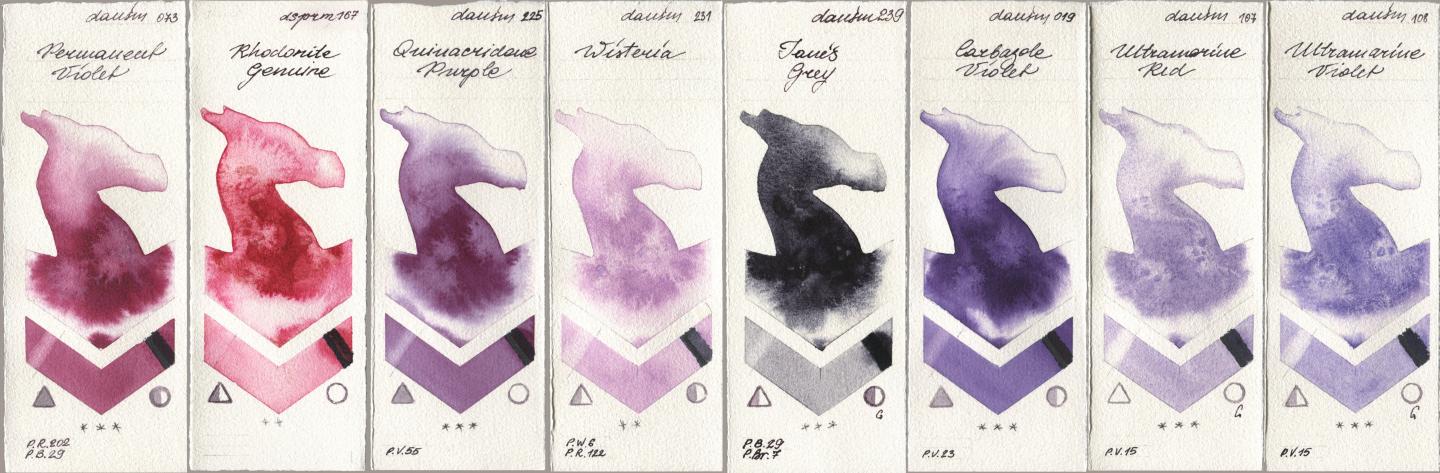 Daniel Smith 073 Permanent Violet, 167 Rhodonite Genuine, 225 Quinacridone Purple, 231 Wisteria, 239 Janes Grey, 019 Carbazole Violet, 107 Ultramarine Red, 108 Ultramarine Viol watercolor swatch