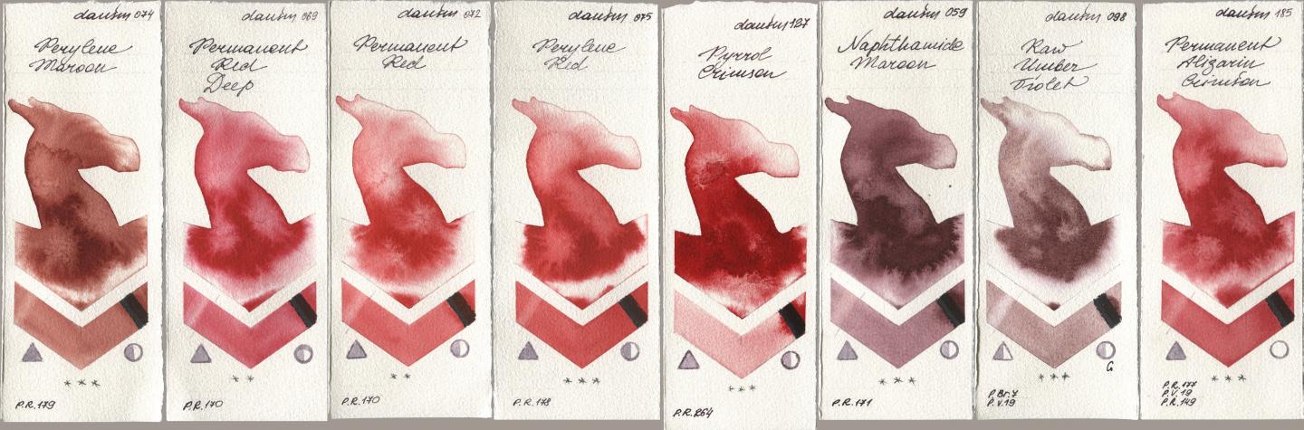 Daniel Smith 074 Perylene Maroon, 069 Permanent Red Deep, 072 Permanent Red, 075 Perylene Red, 127 Pyrrol Crimson, 059 Naphthamide Maroon, 098 Raw Umber Violet, 185 Permanent Alizarin Crims watercolor swatch