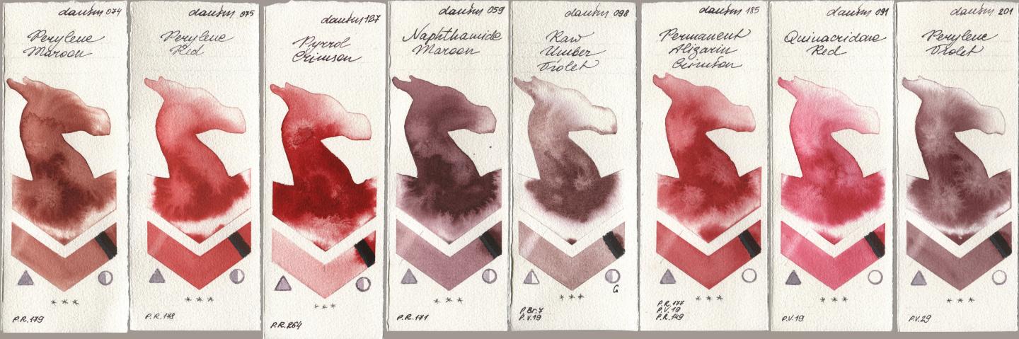 Daniel Smith 074 Perylene Maroon, 075 Perylene Red, 127 Pyrrol Crimson, 059 Naphthamide Maroon, 098 Raw Umber Violet, 185 Permanent Alizarin Crimson, 091 Quinacridone Red, 201 Perylene Viol watercolor swatch