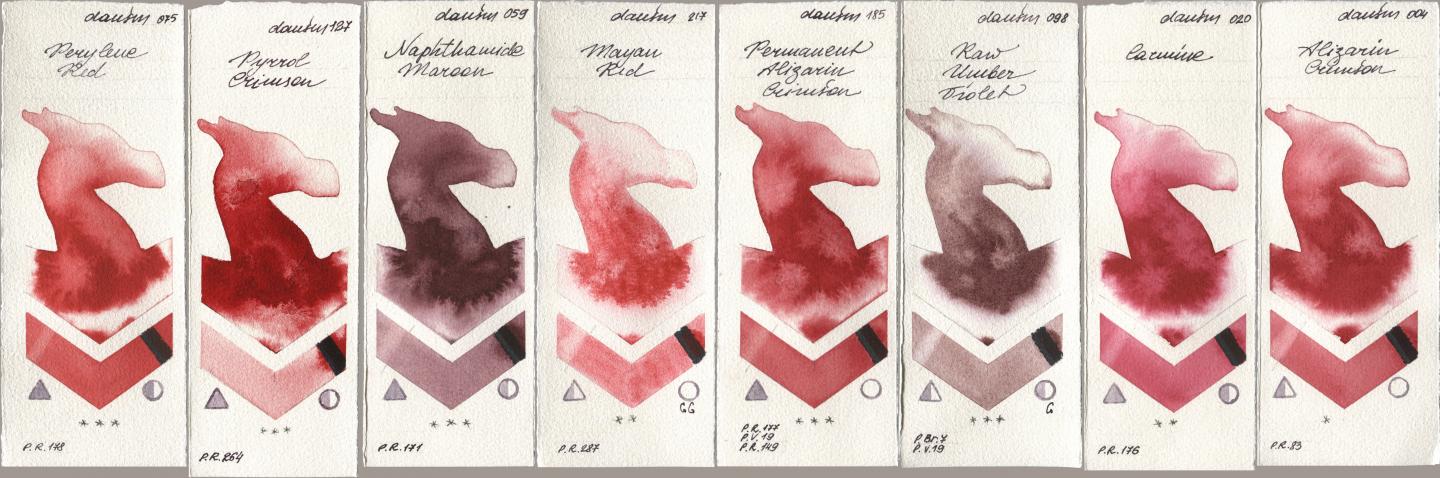 Daniel Smith 075 Perylene Red, 127 Pyrrol Crimson, 059 Naphthamide Maroon, 217 Mayan Red, 185 Permanent Alizarin Crimson, 098 Raw Umber Violet, 020 Carmine, 004 Alizarin Crims watercolor swatch
