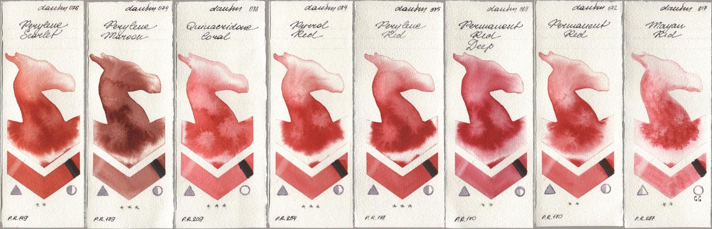 Daniel Smith 076 Perylene Scarlet, 074 Perylene Maroon, 088 Quinacridone Coral, 084 Pyrrol Red, 075 Perylene Red, 069 Permanent Red Deep, 072 Permanent Red, 217 Mayan R watercolor swatch