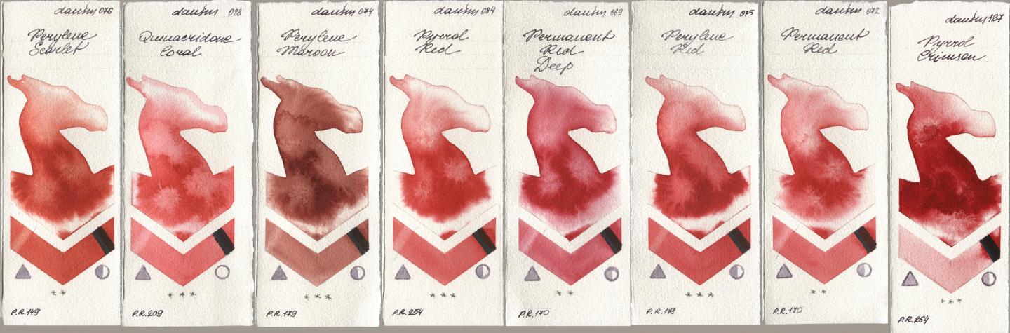 Daniel Smith 076 Perylene Scarlet, 088 Quinacridone Coral, 074 Perylene Maroon, 084 Pyrrol Red, 069 Permanent Red Deep, 075 Perylene Red, 072 Permanent Red, 127 Pyrrol Crims watercolor swatch