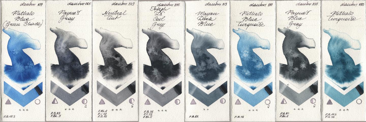Daniel Smith 077 Phthalo Blue (Green Shade), 065 Paynes Gray, 229 Neutral Tint, 245 Joseph Zs Cool Grey, 213 Mayan Dark Blue, 247 Phthalo Blue Turquoise, 235 Paynes Blue Gray, 080 Phthalo Turquoi watercolor swatch