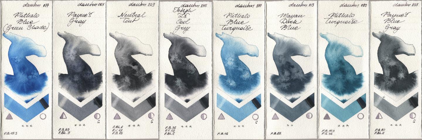 Daniel Smith 077 Phthalo Blue (Green Shade), 065 Paynes Gray, 229 Neutral Tint, 245 Joseph Zs Cool Grey, 247 Phthalo Blue Turquoise, 213 Mayan Dark Blue, 080 Phthalo Turquoise, 235 Paynes Blue Gr watercolor swatch