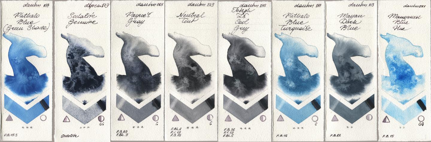 Daniel Smith 077 Phthalo Blue (Green Shade), 179 Sodalite Genuine, 065 Paynes Gray, 229 Neutral Tint, 245 Joseph Zs Cool Grey, 247 Phthalo Blue Turquoise, 213 Mayan Dark Blue, 051 Manganese Blue H watercolor swatch