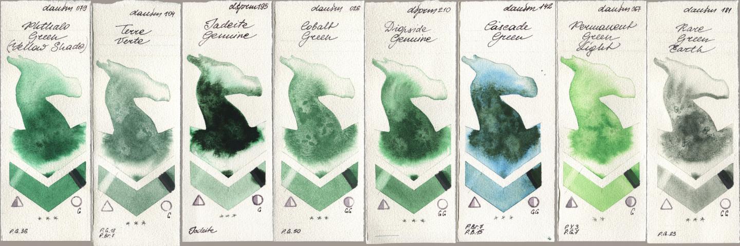 Daniel Smith 079 Phthalo Green (Yellow Shade), 104 Terre Verte, 195 Jadeite Genuine, 026 Cobalt Green, 210 Diopside Genuine, 142 Cascade Green, 067 Permanent Green Light, 181 Rare Green Ear watercolor swatch