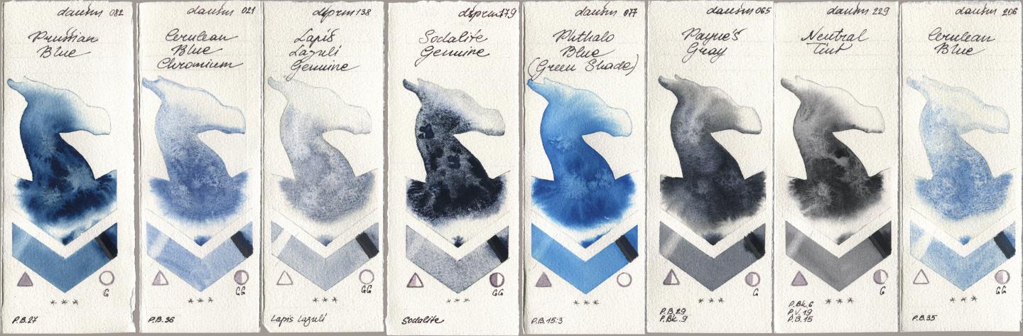 Daniel Smith 082 Prussian Blue, 021 Cerulean Blue Chromium, 138 Lapis Lazuli Genuine, 179 Sodalite Genuine, 077 Phthalo Blue (Green Shade), 065 Paynes Gray, 229 Neutral Tint, 206 Cerulean Bl watercolor swatch