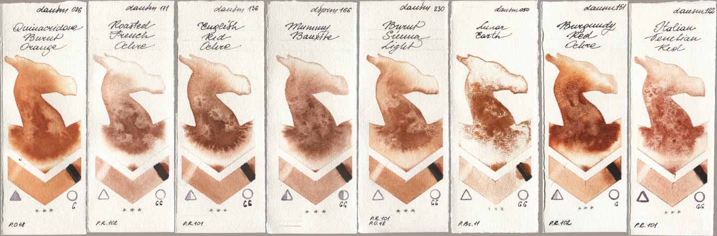 Daniel Smith 086 Quinacridone Burnt Orange, 171 Roasted French Ochre, 136 English Red Ochre, 166 Mummy Bauxite, 230 Burnt Sienna Light, 050 Lunar Earth, 151 Burgundy Red Ochre, 122 Italian Venetian R watercolor swatch
