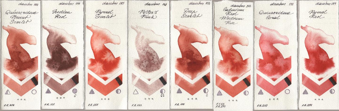 Daniel Smith 087 Quinacridone Burnt Scarlet, 044 Indian Red, 085 Pyrrol Scarlet, 148 Potters Pink, 033 Deep Scarlet, 222 Cadmium Red Medium Hue, 088 Quinacridone Coral, 084 Pyrrol R watercolor swatch