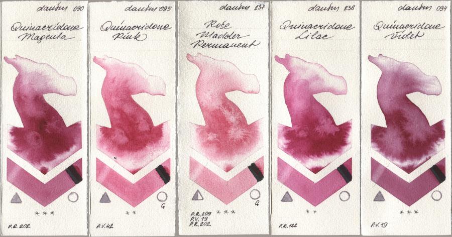 Daniel Smith 090 Quinacridone Magenta, 095 Quinacridone Pink, 237 Rose Madder Permanent, 236 Quinacridone Lilac, 094 Quinacridone Viol watercolor swatch