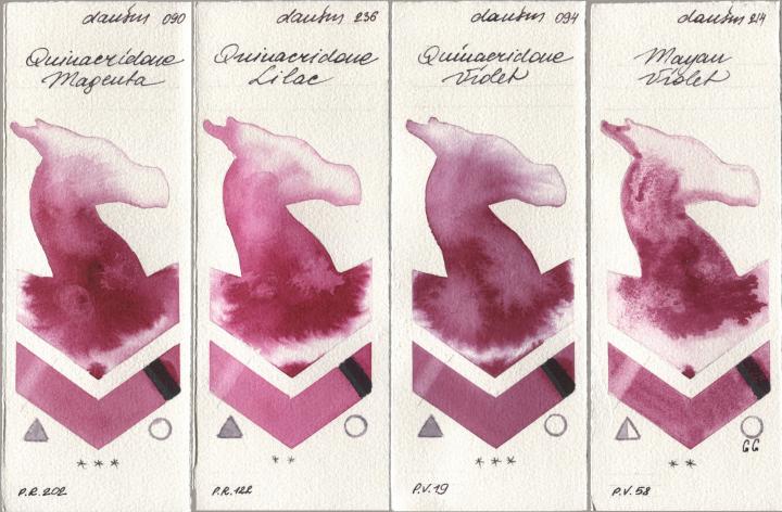 Daniel Smith 090 Quinacridone Magenta, 236 Quinacridone Lilac, 094 Quinacridone Violet, 214 Mayan Viol watercolor swatch