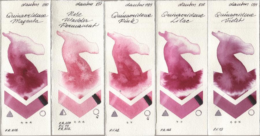 Daniel Smith 090 Quinacridone Magenta, 237 Rose Madder Permanent, 095 Quinacridone Pink, 236 Quinacridone Lilac, 094 Quinacridone Viol watercolor swatch