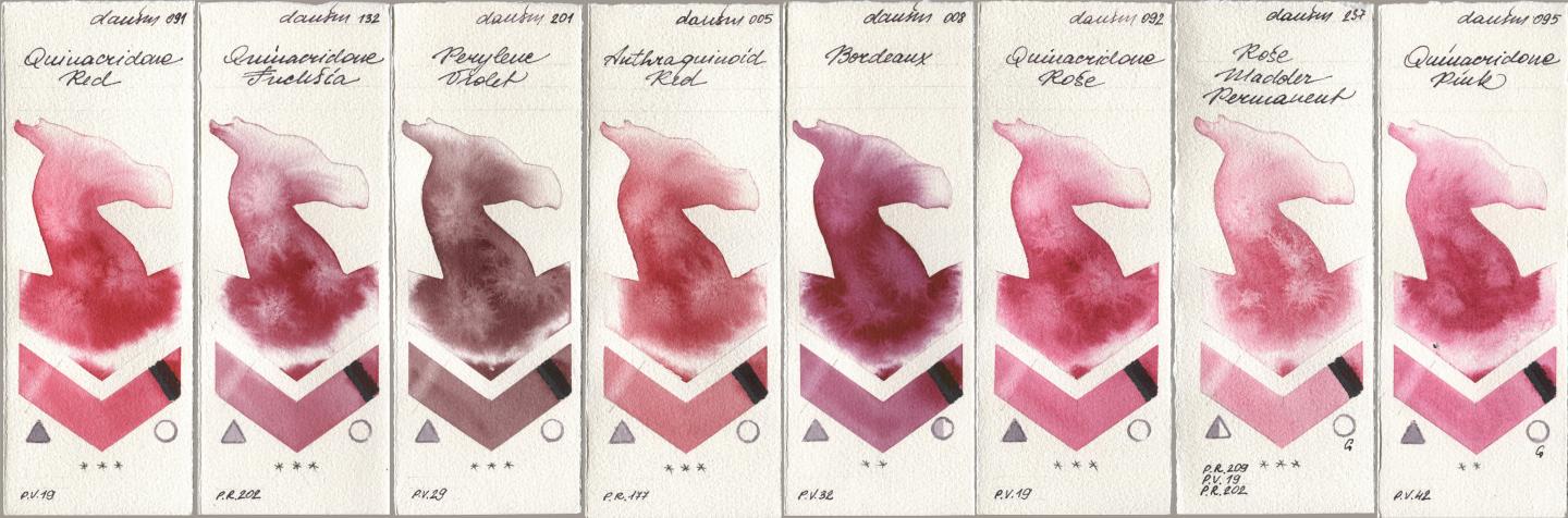 Daniel Smith 091 Quinacridone Red, 132 Quinacridone Fuchsia, 201 Perylene Violet, 005 Anthraquinoid Red, 008 Bordeaux, 092 Quinacridone Rose, 237 Rose Madder Permanent, 095 Quinacridone Pi watercolor swatch