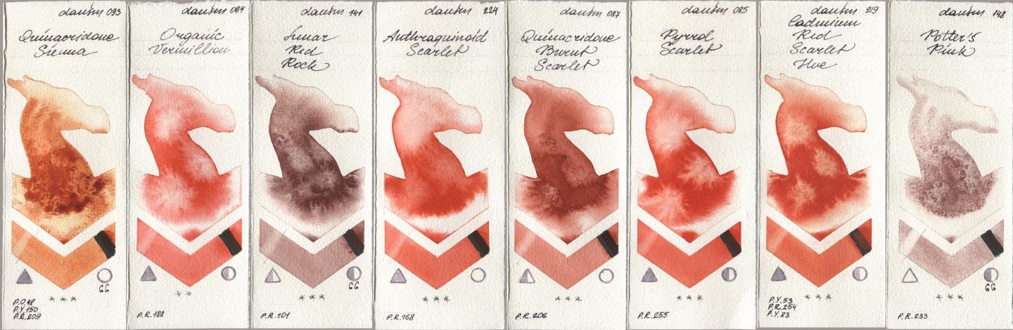 Daniel Smith 093 Quinacridone Sienna, 064 Organic Vermilion, 141 Lunar Red Rock, 224 Anthraquinoid Scarlet, 087 Quinacridone Burnt Scarlet, 085 Pyrrol Scarlet, 219 Cadmium Red Scarlet Hue, 148 Potters Pi watercolor swatch