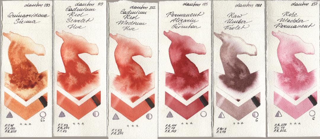 Daniel Smith 093 Quinacridone Sienna, 219 Cadmium Red Scarlet Hue, 222 Cadmium Red Medium Hue, 185 Permanent Alizarin Crimson, 098 Raw Umber Violet, 237 Rose Madder Permane watercolor swatch