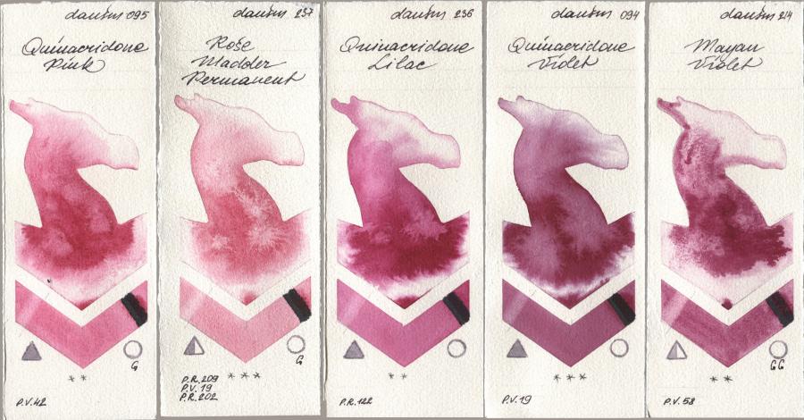 Daniel Smith 095 Quinacridone Pink, 237 Rose Madder Permanent, 236 Quinacridone Lilac, 094 Quinacridone Violet, 214 Mayan Viol watercolor swatch