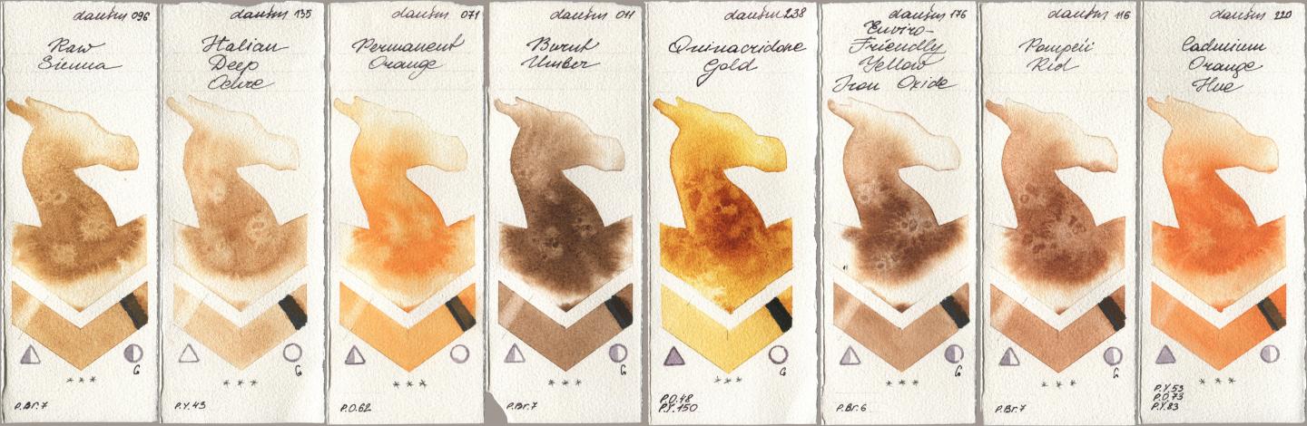 Daniel Smith 096 Raw Sienna, 135 Italian Deep Ochre, 071 Permanent Orange, 011 Burnt Umber, 238 Quinacridone Gold, 176 Enviro-Friendly Yellow Iron Oxide, 116 Pompeii Red, 220 Cadmium Orange H watercolor swatch