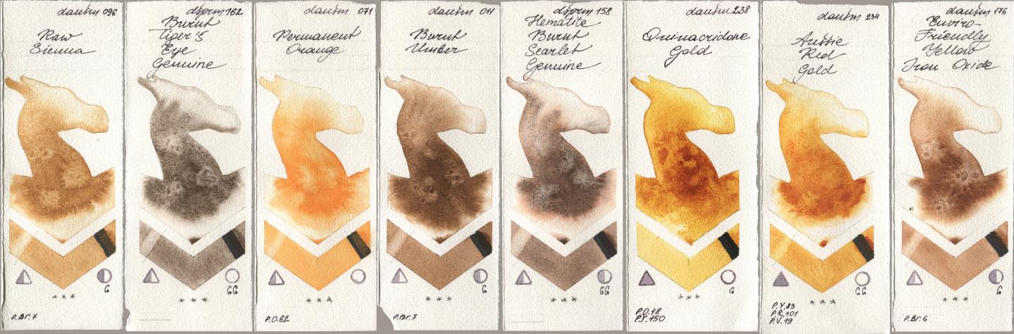 Daniel Smith 096 Raw Sienna, 162 Burnt Tigers Eye Genuine, 071 Permanent Orange, 011 Burnt Umber, 158 Hematite Burnt Scarlet Genuine, 238 Quinacridone Gold, 234 Aussie Red Gold, 176 Enviro-Friendly Yellow Iron Oxi watercolor swatch