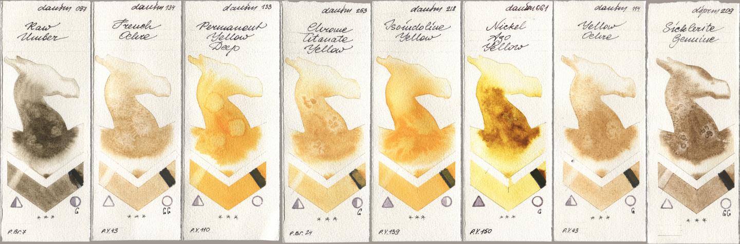 Daniel Smith 097 Raw Umber, 134 French Ochre, 133 Permanent Yellow Deep, 253 Chrome Titanate Yellow, 218 Isoindoline Yellow, 061 Nickel Azo Yellow, 114 Yellow Ochre, 209 Sicklerite Genui watercolor swatch