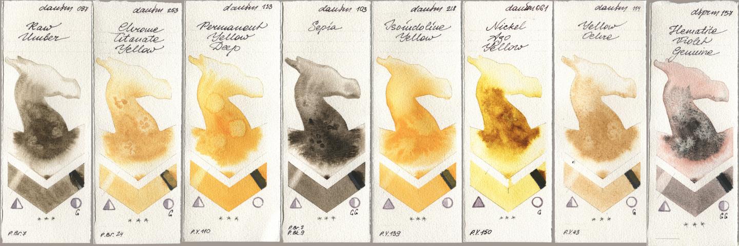 Daniel Smith 097 Raw Umber, 253 Chrome Titanate Yellow, 133 Permanent Yellow Deep, 103 Sepia, 218 Isoindoline Yellow, 061 Nickel Azo Yellow, 114 Yellow Ochre, 157 Hematite Violet Genui watercolor swatch