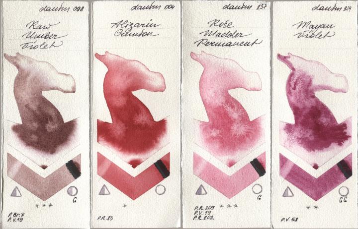 Daniel Smith 098 Raw Umber Violet, 004 Alizarin Crimson, 237 Rose Madder Permanent, 214 Mayan Viol watercolor swatch