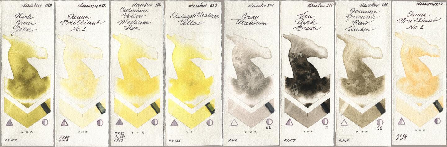 Daniel Smith 099 Rich Green Gold, 256 Jaune Brilliant No 1, 184 Cadmium Yellow Medium Hue, 223 Quinophthalone Yellow, 241 Gray Titanium, 110 Van Dyck Brown, 121 German Greenish Raw Umber, 257 Jaune Brilliant No watercolor swatch