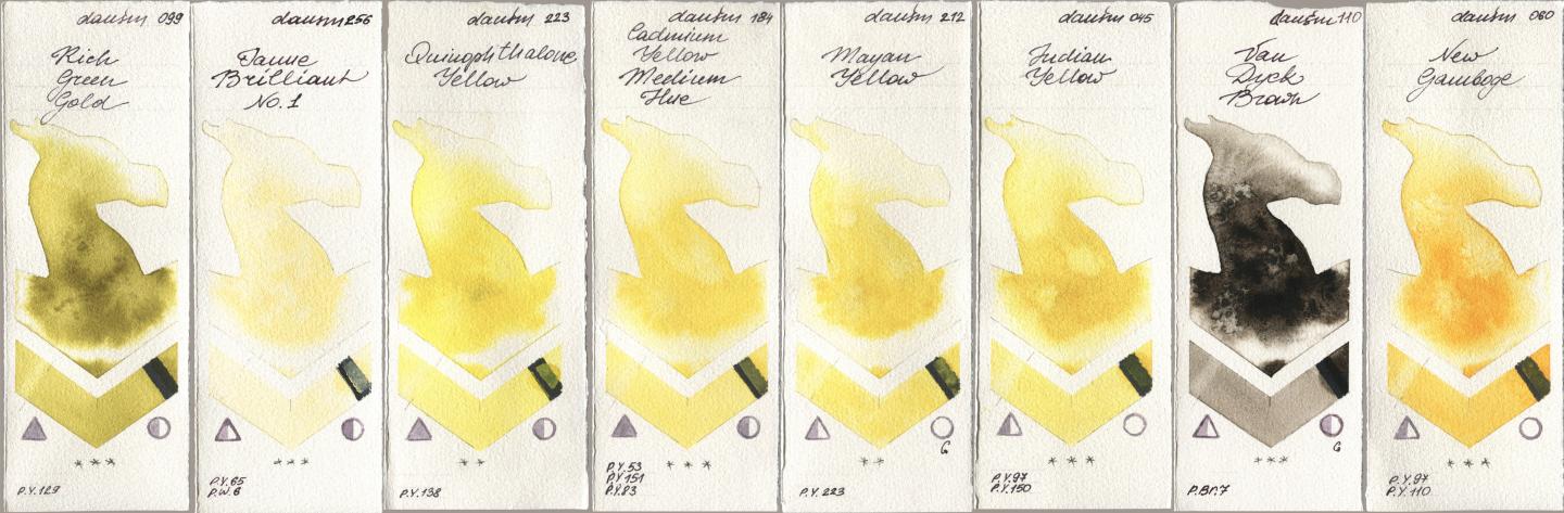 Daniel Smith 099 Rich Green Gold, 256 Jaune Brilliant No 1, 223 Quinophthalone Yellow, 184 Cadmium Yellow Medium Hue, 212 Mayan Yellow, 045 Indian Yellow, 110 Van Dyck Brown, 060 New Gambo watercolor swatch