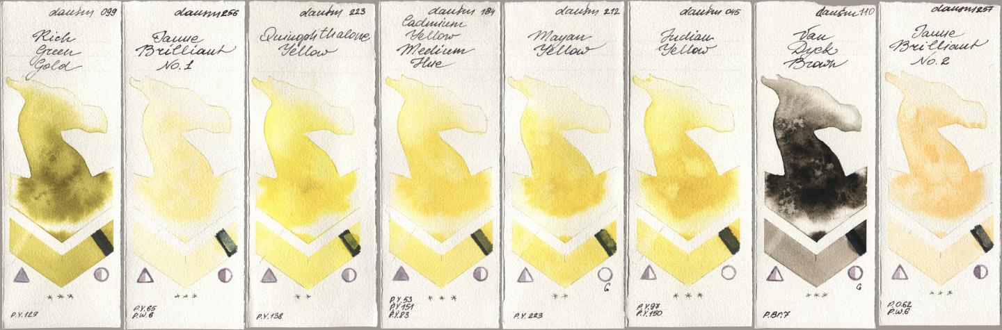 Daniel Smith 099 Rich Green Gold, 256 Jaune Brilliant No 1, 223 Quinophthalone Yellow, 184 Cadmium Yellow Medium Hue, 212 Mayan Yellow, 045 Indian Yellow, 110 Van Dyck Brown, 257 Jaune Brilliant No watercolor swatch