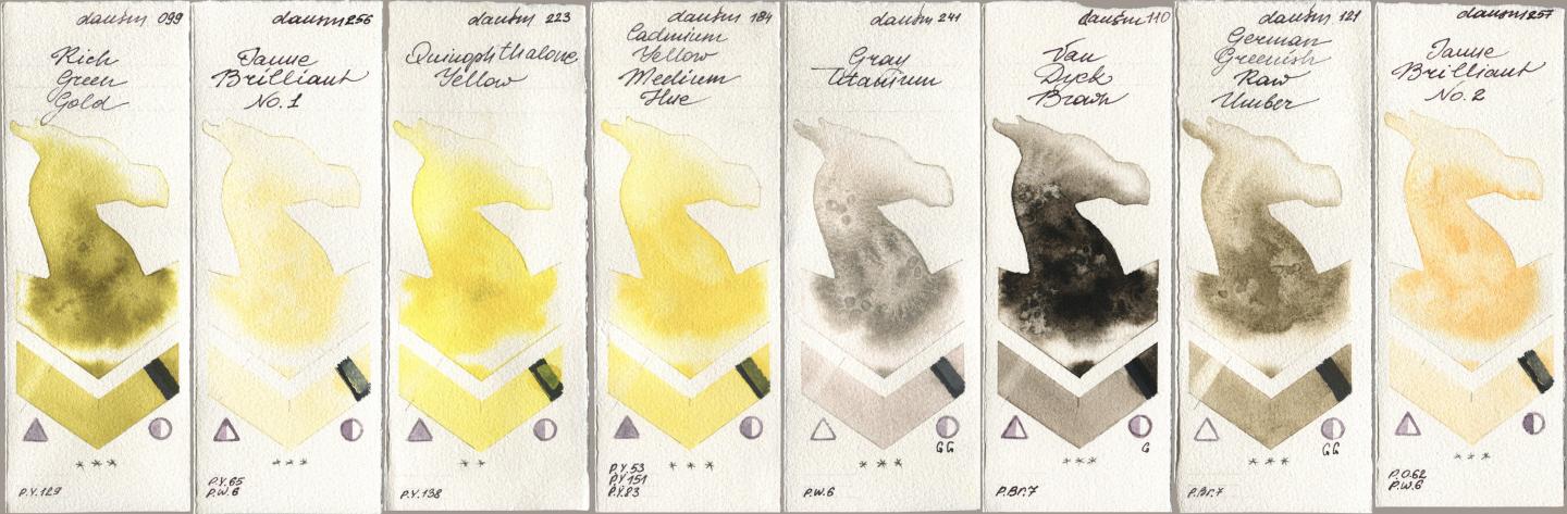 Daniel Smith 099 Rich Green Gold, 256 Jaune Brilliant No 1, 223 Quinophthalone Yellow, 184 Cadmium Yellow Medium Hue, 241 Gray Titanium, 110 Van Dyck Brown, 121 German Greenish Raw Umber, 257 Jaune Brilliant No watercolor swatch