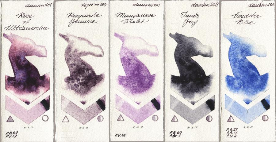 Daniel Smith 101 Rose of Ultramarine vs 164 Purpurite Genuine vs 261 Manganese Violet vs 239 Janes Grey vs 173 Verditer Blue watercolor swatch