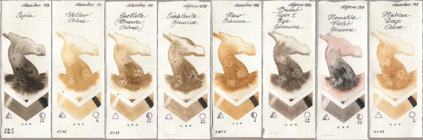 Daniel Smith 103 Sepia, 114 Yellow Ochre, 144 Goethite (Brown Ochre), 209 Sicklerite Genuine, 096 Raw Sienna, 162 Burnt Tigers Eye Genuine, 157 Hematite Violet Genuine, 135 Italian Deep Och watercolor swatch