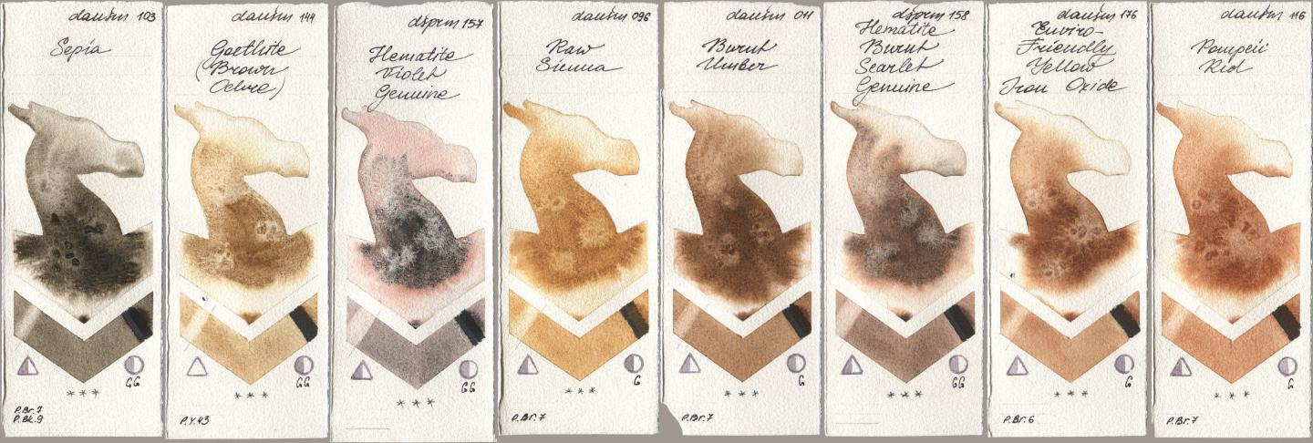 Daniel Smith 103 Sepia, 144 Goethite (Brown Ochre), 157 Hematite Violet Genuine, 096 Raw Sienna, 011 Burnt Umber, 158 Hematite Burnt Scarlet Genuine, 176 Enviro-Friendly Yellow Iron Oxide, 116 Pompeii R watercolor swatch